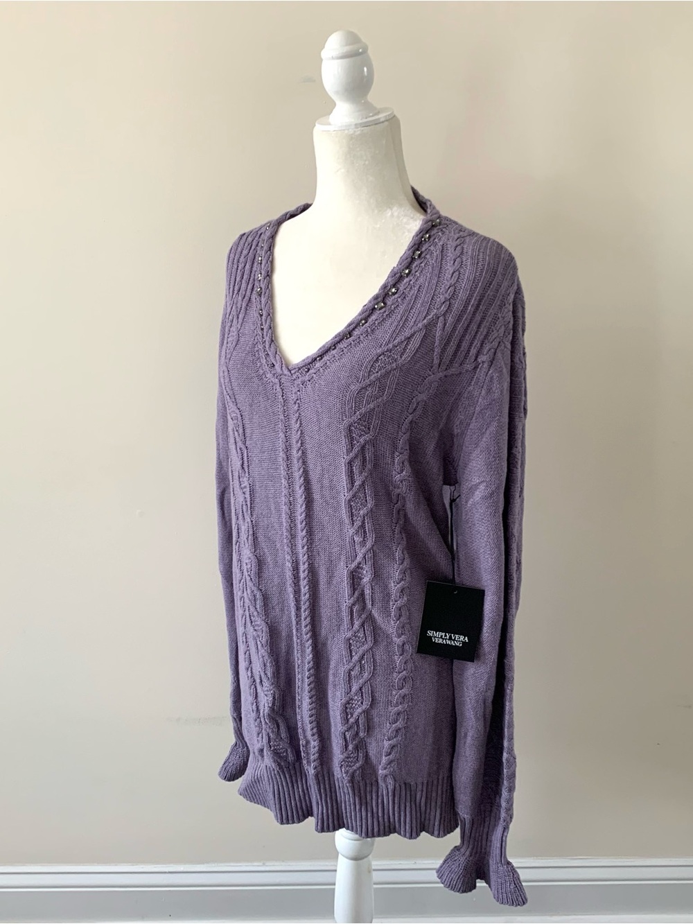 NWT - Simply Vera Vera Wang Purple Cable-Knit V-Neck Sweater - Large